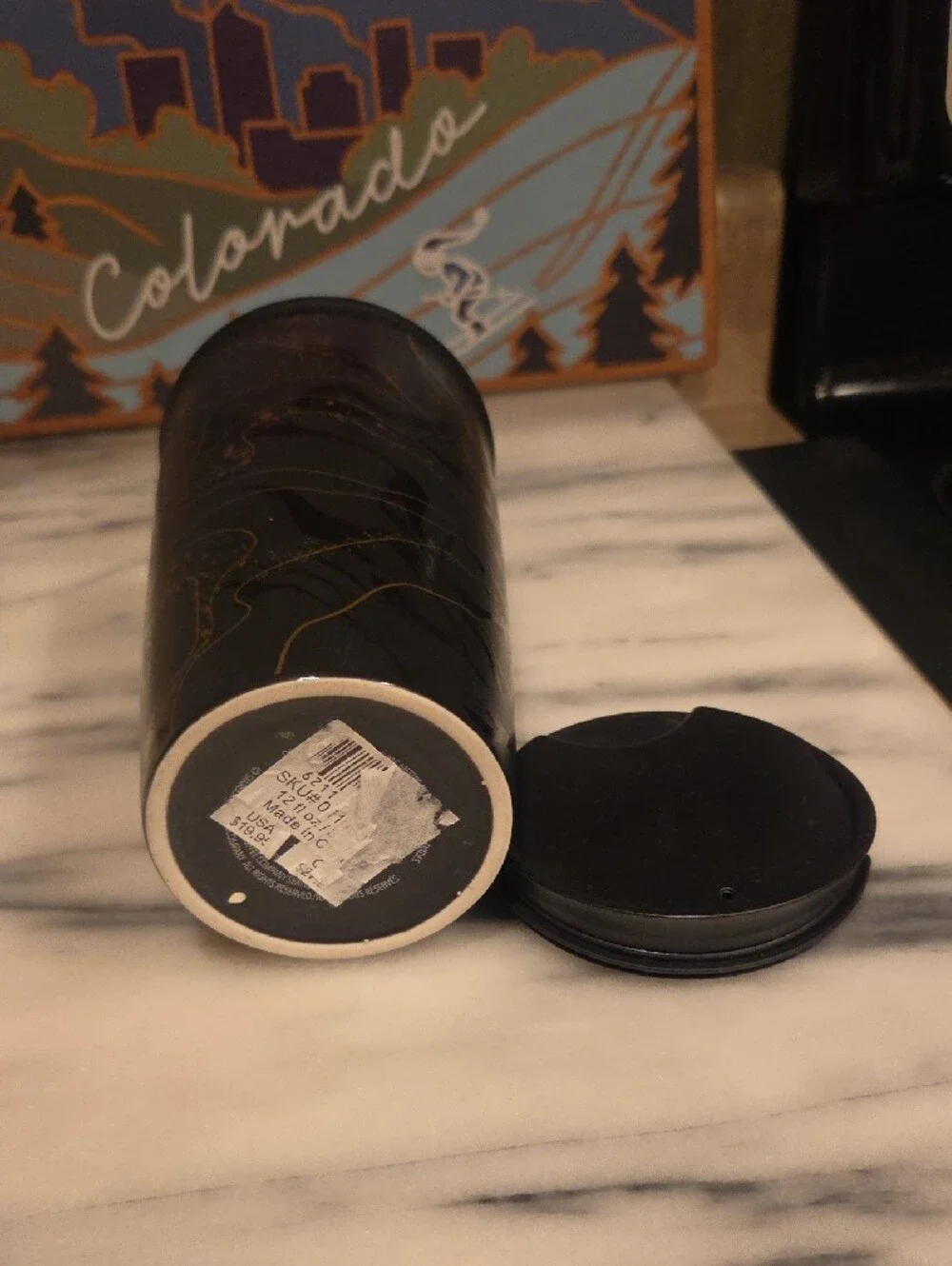 Starbucks Ceramic Black and Gold Patterned Travel Mug